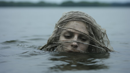 A woman in a body of water with a sheet covering her face. Generative AI image.の素材