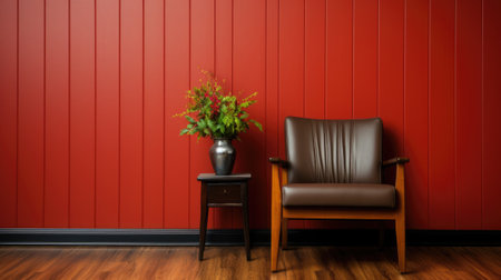 A chair and a table against a red wall. Generative AI image.の素材