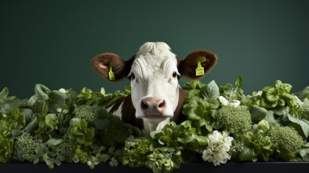 A brown and white cow standing in a bed of broccoli. Generative AI image.の素材