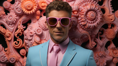A man in a blue suit and pink sunglasses. Generative AI image.の素材