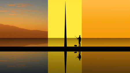 A silhouette of a person standing next to a tall pole. Generative AI image.の素材