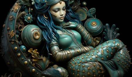 A statue of a woman with blue hair. Generative AI image.の素材