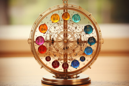 A golden clock with seven different colored numbers on it. Generative AI image.の素材