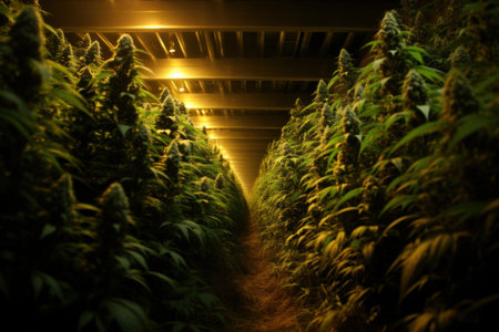A long row of marijuana plants in a greenhouse. Generative AI image.の素材