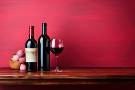 Two bottles of wine and two glasses of wine on a table. Generative AI image.の素材