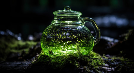 A glass teapot with a green liquid inside. Generative AI image.の素材