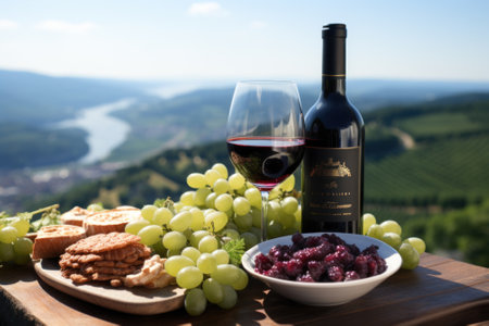 A plate of grapes, crackers and a bottle of wine on a table. Generative AI image.の素材
