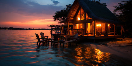 A house on the water with a table and chairs in front of it. Generative AI image.の素材
