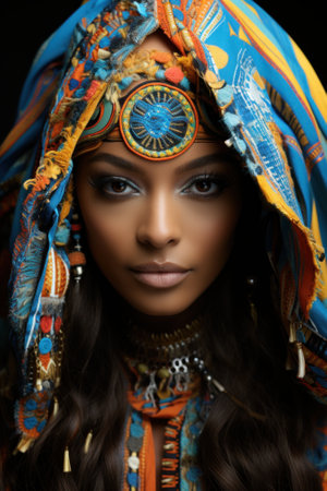A woman wearing a colorful headdress and jewelry. Generative AI image.の素材