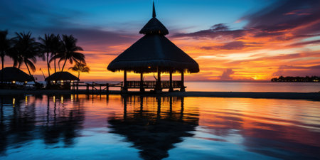 A gazebo sitting on top of a beach next to a body of water. Generative AI image.の素材