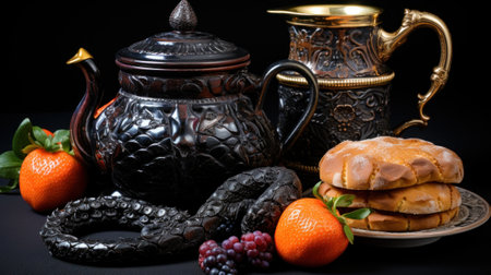 A teapot, a plate of fruit, and a sandwich on a table. Generative AI image.の素材