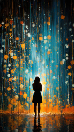 A painting of a little girl holding an umbrella. Generative AI image.の素材