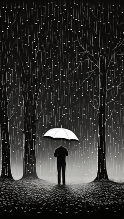 A man standing in the rain holding an umbrella. Generative AI image.の素材