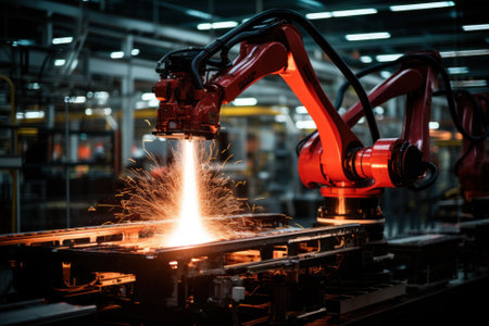 A robot welding a piece of metal in a factory. Generative AI image.の素材