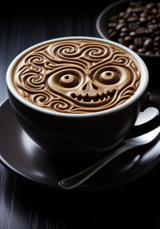 A cup of coffee with a design on it. Generative AI image.の素材