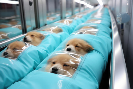 A group of dogs laying on top of a conveyor belt. Generative AI image.の素材