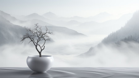 A white vase with a tree in it on a table. Generative AI image.の素材
