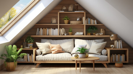 A living room with a couch and bookshelf. Generative AI image.の素材