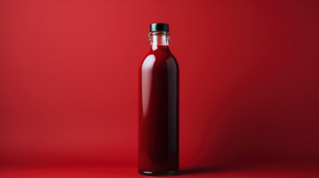 A bottle of red wine on a red background. Generative AI image.の素材