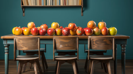 A group of apples sitting on top of a wooden table. Generative AI image.の素材
