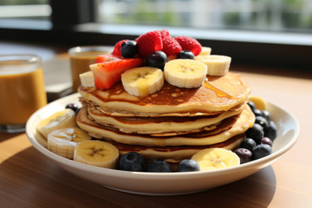 A stack of pancakes topped with bananas, strawberries and blueberries. Generative AI image.の素材