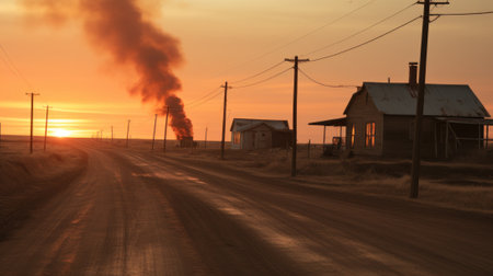 A large plume of smoke is rising from the sky. Generative AI image.の素材