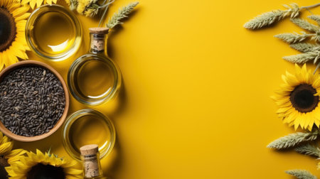 Sunflowers, sunflower oil, and sunflower seeds on a yellow background. Generative AI image.の素材