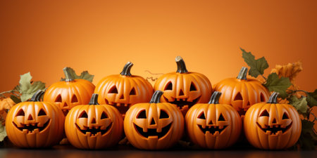 A group of carved pumpkins sitting on top of a table. Generative AI image.の素材