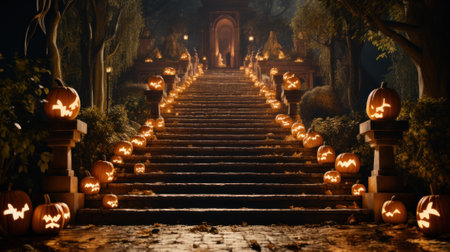 A set of stairs with carved pumpkins on them. Generative AI image.の素材