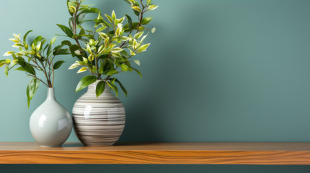 A couple of vases sitting on top of a wooden shelf. Generative AI image.の素材