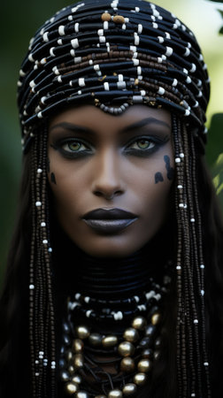 A close up of a person wearing a headdress. Generative AI image.の素材