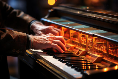 A close up of a person playing a piano. Generative AI image.の素材