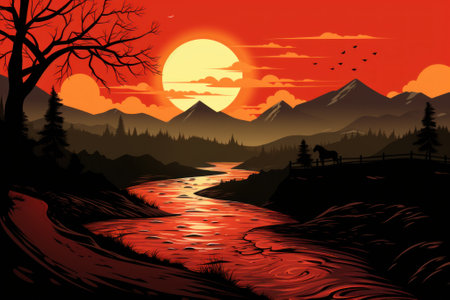 A painting of a sunset over a river. Generative AI image.の素材