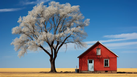 A red house sitting in a field next to a tree. Generative AI image.の素材
