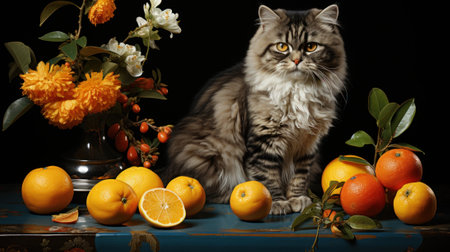 A cat sitting on top of a table next to oranges. Generative AI image.の素材