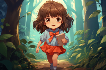 A girl in a red dress is walking through the woods. Generative AI image.の素材