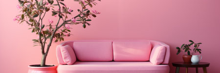 A pink couch sitting next to a potted plant. Generative AI image.の素材