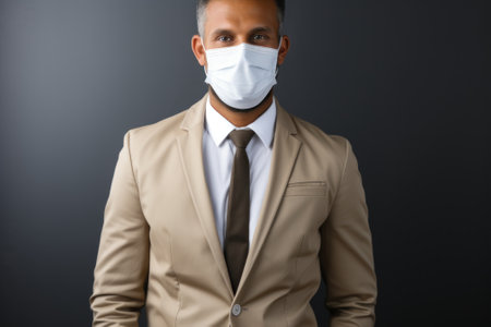 A man in a suit and tie wearing a face mask. Generative AI image.の素材