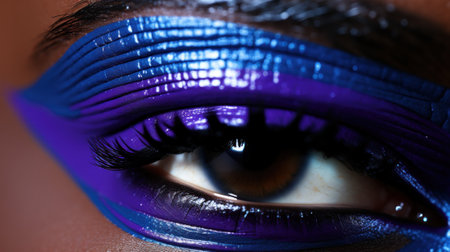 A close up of a persons eye with a purple and blue make - up. Generative AI image.の素材
