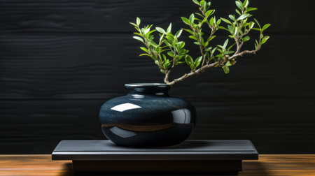 A black vase with a small plant in it. Generative AI image.の素材