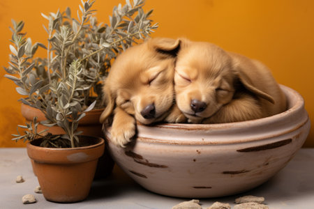 Two puppies are sleeping in a flower pot. Generative AI image.の素材