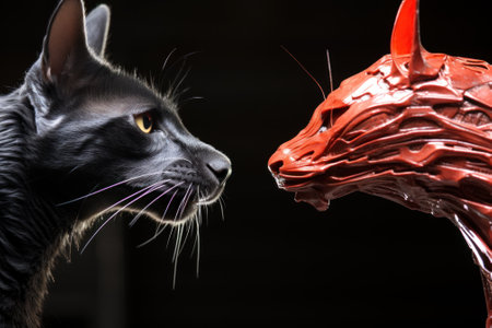 A close up of a cat looking at a cake. Generative AI image.の素材