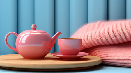 A pink teapot sitting on top of a wooden tray. Generative AI image.の素材