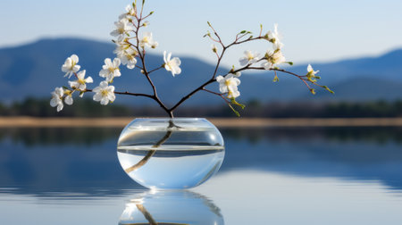 A glass vase with water and flowers in it. Generative AI image.の素材