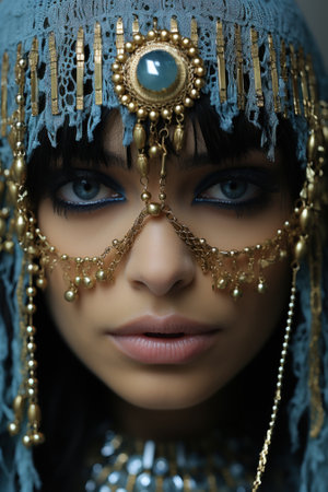 A woman wearing a blue headdress and a blue veil. Generative AI image.の素材