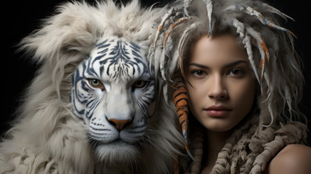 A woman with dreads and a white tiger mask. Generative AI image.の素材
