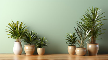 A row of potted plants sitting on top of a wooden floor. Generative AI image.の素材