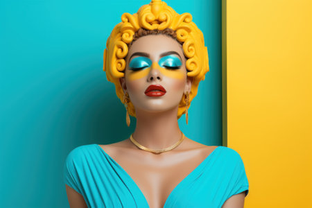 A woman in a blue dress and gold jewelry. Generative AI image.の素材