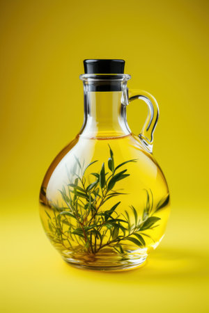 A bottle of olive oil with a sprig of rosemary. Generative AI image.の素材