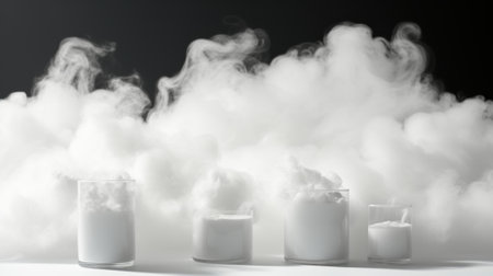 A group of glasses filled with liquid sitting on top of a table. Generative AI image.の素材